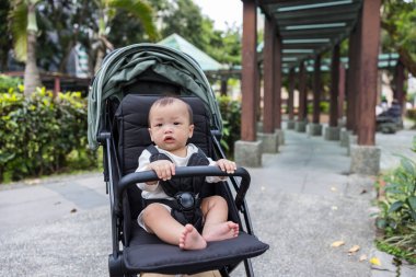 Yeşil parktaki bebek arabasında bebek bakıcılığı