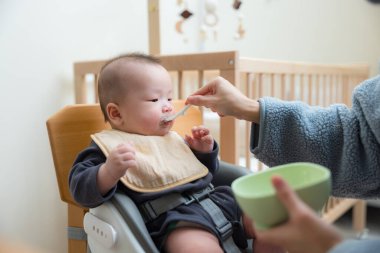 Annesinin bebeğini kaşıkla püre ile beslemesi.