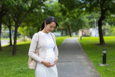 Hamile bir kadın karnını dışarıda parkta tutuyor.