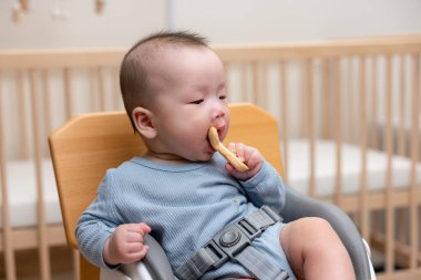 Asian baby eating rice cracker sitting on chair