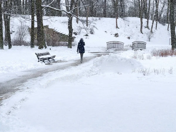 Winter Snowfall Park Woman Silhouette Goes Bridge Snow Covered Path — Stockfoto