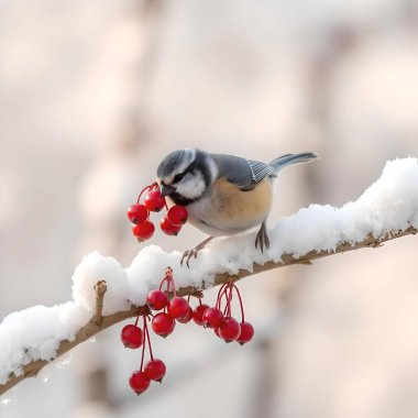 The tit pecks rowan berries in winter.