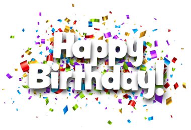 Renkli kurdele konfeti arka planındaki doğum günün kutlu olsun. Vektör illüstrasyonu.