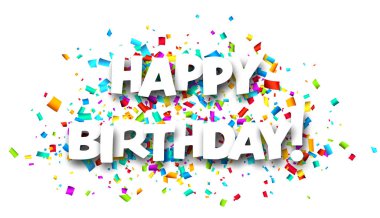 Renkli kurdele konfeti arka planındaki doğum günün kutlu olsun. Vektör illüstrasyonu.