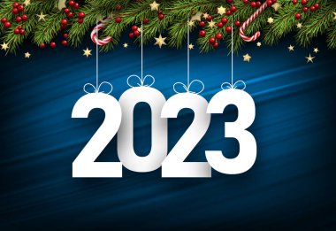 Mavi fırça darbesi arka planında 2023 kağıt levhası asılıyor. Firavun, kırmızı dut, yıldız konfetisi, şeker kamışı.