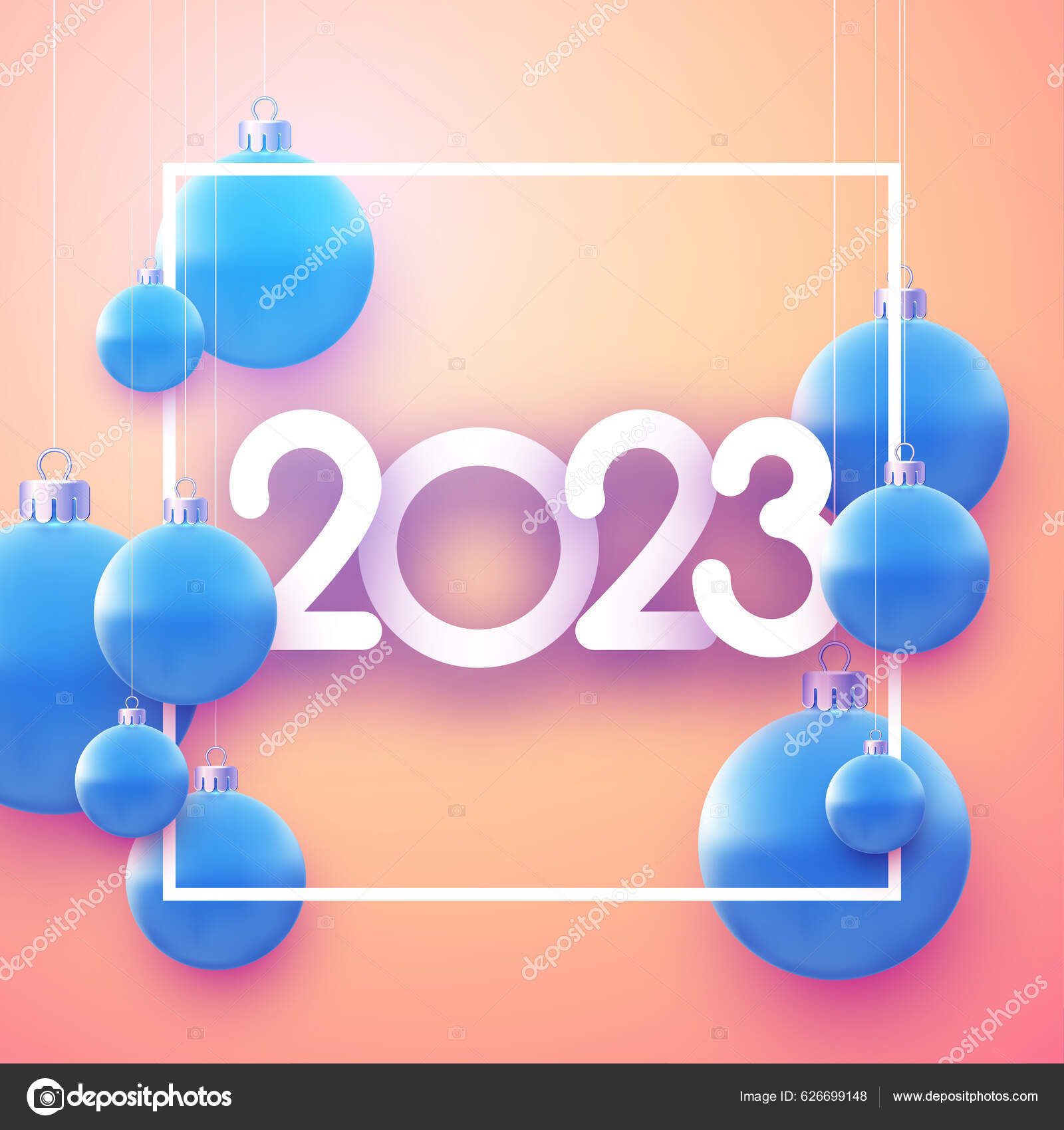 Square Frame 2023 Sign Realistic Hanging Blue Christmas Baubles Stock