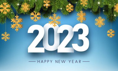 Beyaz 2023 işareti. Sarı kar taneleri, köknar dalları asılı..