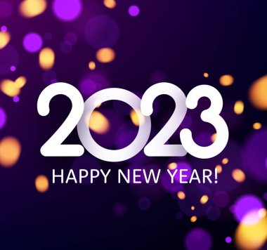 2023 mutlu yeni yıl işareti mor ve sarı bokeh arkaplan.