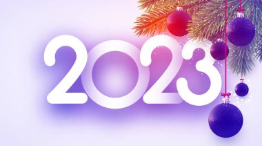 2023 işareti, menekşe rengi takılar ve köknar dalları. Vektör tatil illüstrasyonu.