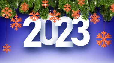 Turuncu 2023 işareti, köknar, mavi arka planda kar taneleri asılı. Vektör tatil illüstrasyonu.