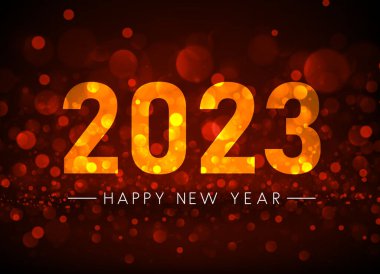 Kırmızı Bokeh arka planında 2023 mutlu yeni yıl tabelası. Vektör tatil illüstrasyonu.