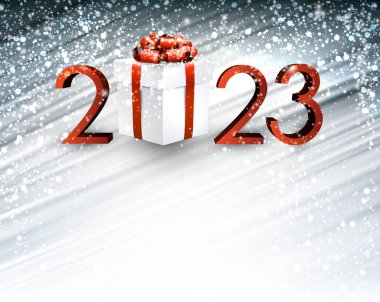 Kırmızı 2023 işareti beyaz hediye kutusu ve fırça darbelerinde kırmızı kurdele. Mesaj için yer var. Vektör tatil illüstrasyonu.