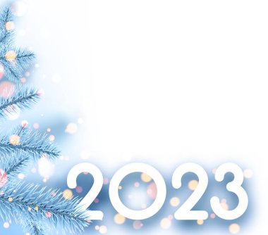 2023 imzası, mavi arka planda köknar ve sarı bokeh. Mesaj için yer var. Vektör tatil illüstrasyonu.