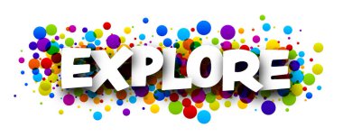 Renkli, yuvarlak konfeti arkaplanındaki tabelayı araştır. Tasarım elemanı. Vektör illüstrasyonu.