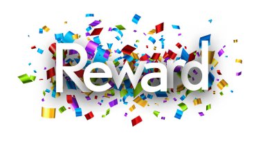 Folyo şerit konfeti arka planında ödül tabelası var. Tasarım elemanı. Vektör paneli illüstrasyonu.