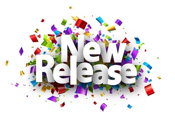 Nieuw Release Teken Uitgesneden Kleurrijke Folie Lint Confetti Achtergrond Ontwerpelement — Stockvector