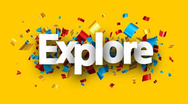 Sarı arka planda renkli folyo şeritli konfeti işaretini araştırın. Tasarım elemanı. Vektör illüstrasyonu.