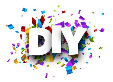 Renkli folyo şerit şerit konfeti arkaplanı üzerinde DIY işareti var. Tasarım elemanı. Vektör illüstrasyonu.