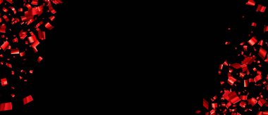 Düşen kırmızı folyo şeritli konfeti siyah arka planda ve mesaj için yeri var. Tasarım elemanı. Vektör illüstrasyonu.