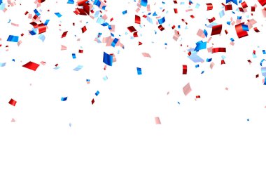 Düşen mavi ve kırmızı folyo şeritli konfeti arka planında mesaj için boşluk bırakıyor. Web, kartlar, el ilanları, davetiyeler için tasarım ögesi. Vektör illüstrasyonu.