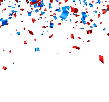 Düşen mavi ve kırmızı folyo şeritli konfeti arka planında mesaj için boşluk bırakıyor. Web, kartlar, el ilanları, davetiyeler için tasarım ögesi. Vektör illüstrasyonu.