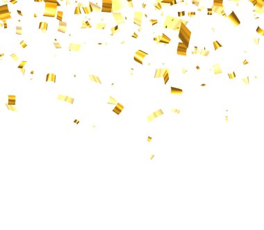 Düşen altın renkli folyo şeritli konfeti arka planında mesaj için yer var. Web, kartlar, el ilanları, davetiyeler için tasarım ögesi. Vektör illüstrasyonu.