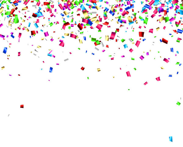 Falling colorful cut out ribbon confetti background with space for text. Design element. Vector illustration.