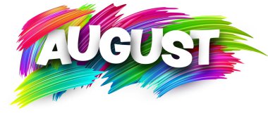 Beyaz üzerine renkli spektrumlu boya fırçası darbeleriyle Ağustos kağıdı kelime işareti. Vektör illüstrasyonu.