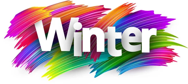 Winterliches Wortschild Aus Papier Mit Buntem Pinselstrich Über Weiß Vektorillustration — Stockvektor
