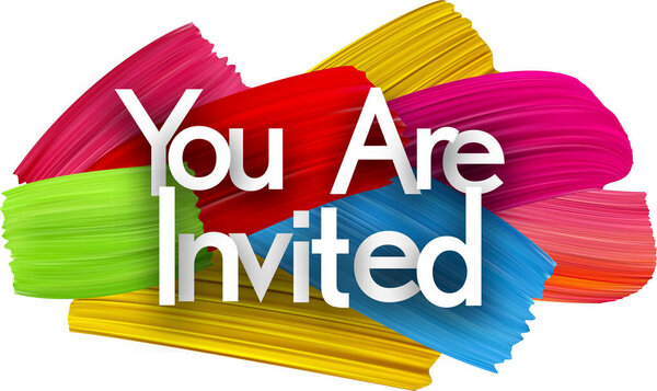 Вы приглашены бумажный знак слова с красочным спектром мазков кистью над белым. Векторная иллюстрация.