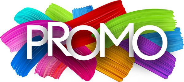 Promo paper word sign with colorful spectrum paint brush strokes over white. Vector illustration.