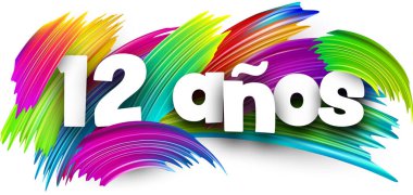 12 yıldır ispanyolca kağıt tabelasındayım. Renkli spektrumlu boya fırçasıyla beyazın üzerinde fırça darbeleri. Vektör illüstrasyonu.