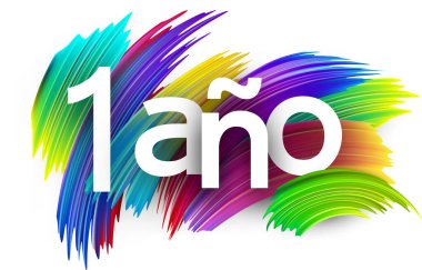 Renkli spektrumlu boya fırçası darbeleriyle ispanyolca kağıt tabelasında 1 yıl. Vektör illüstrasyonu.