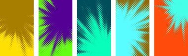 Renkli güneşli ışınlar, gradyan yarım ton arkaplan ve metin için alan. Pop sanat şablonu, doku. Vektör illüstrasyonu.