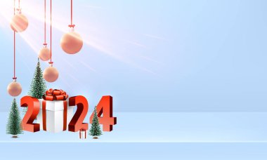 3D hediye kutusu ve köknar ağaçlarıyla 2024 yılbaşı soyut geçmişi. Vektör illüstrasyonu.