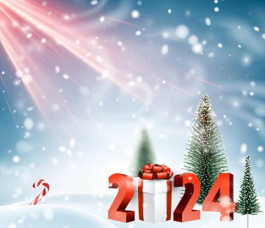2024 Yeni Yıl karlı, soyut arka plan, 3D hediye kutusu, güneş ışınları ve köknar ağaçları. Vektör illüstrasyonu.