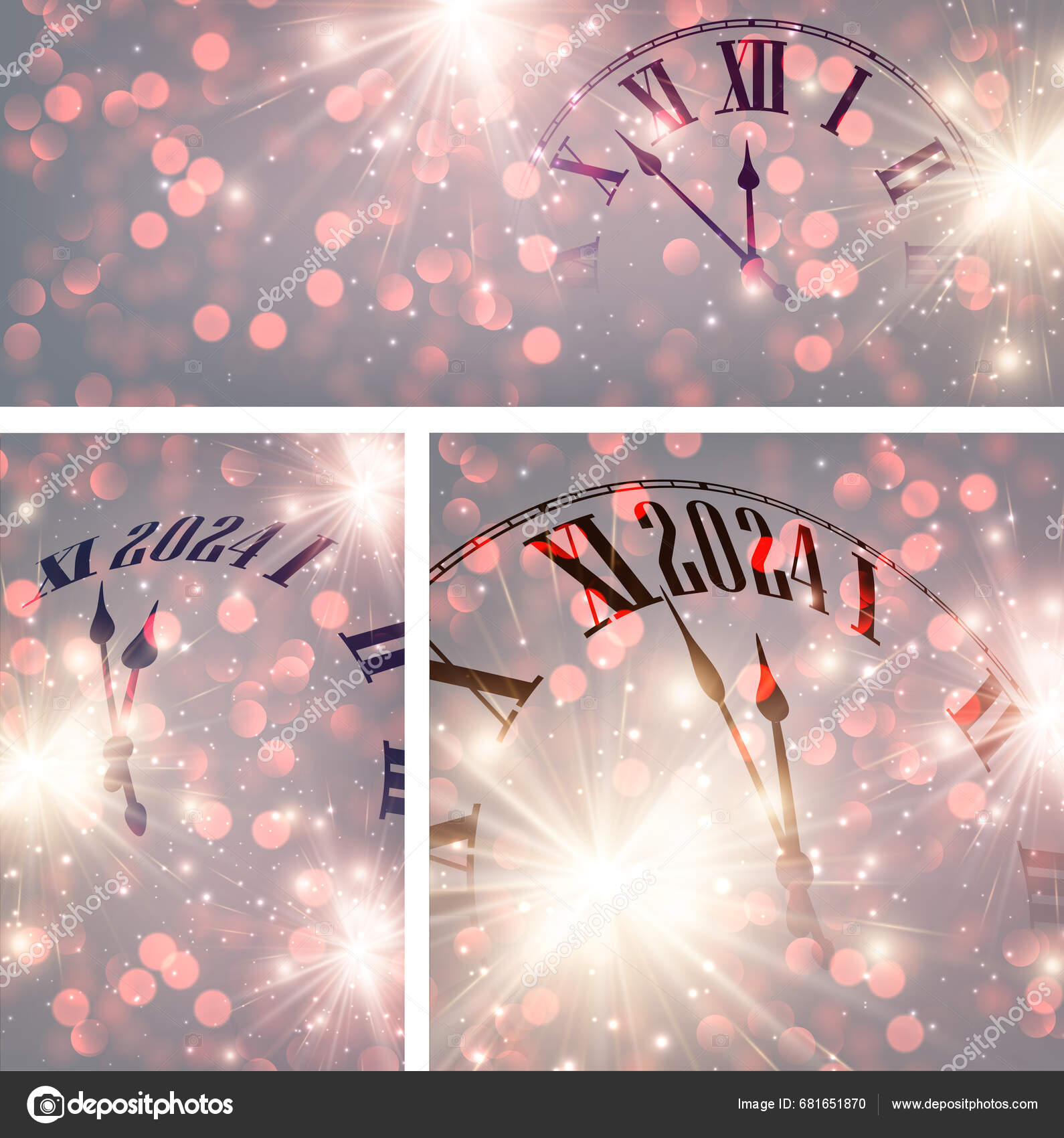 New Year 2024 Countdown Clock Background Fireworks Defocused Lights Set