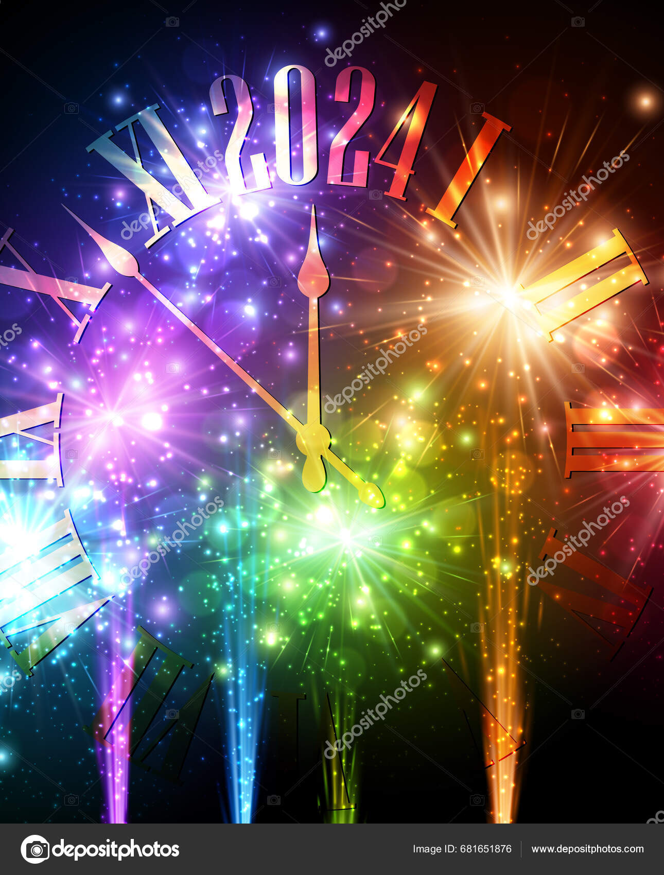 New Year 2024 Countdown Clock Beautiful Orange Green Blue Fireworks