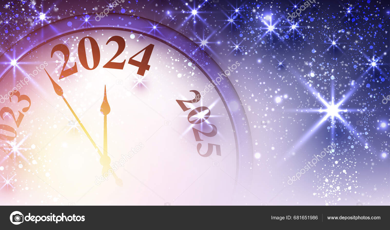 New Year 2024 Countdown Clock Purple Stars Lights Vector Illustration