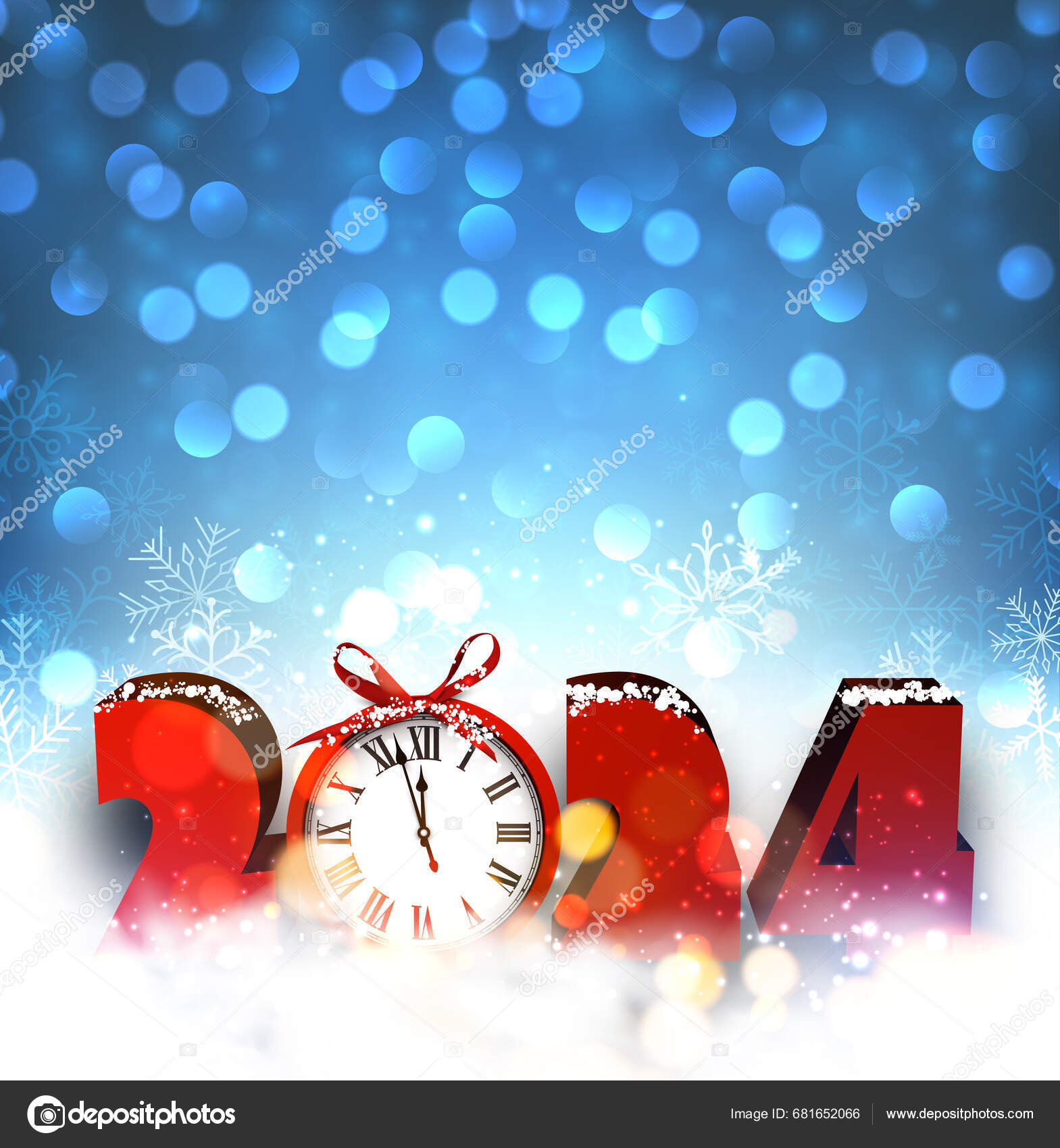 New Year 2024 Countdown Clock Red Bow Blue Background Glisters Stock
