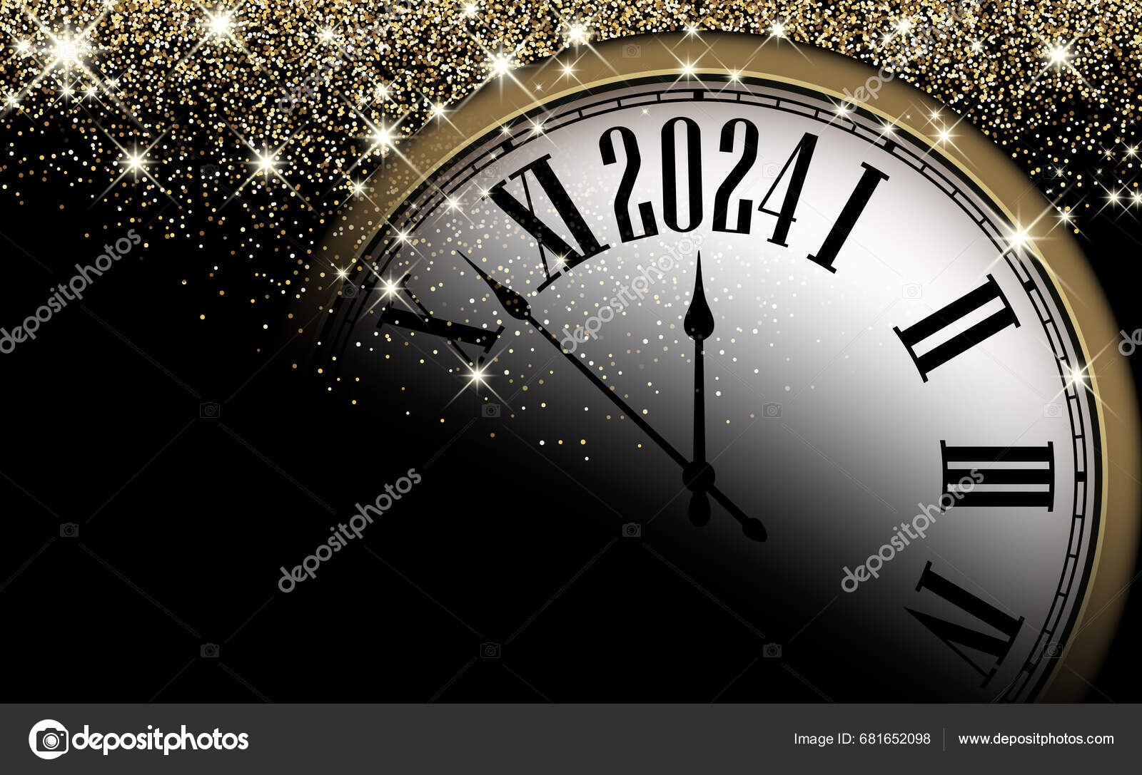 New Year 2024 Countdown Clock Golden Sand Black Background Vector Stock