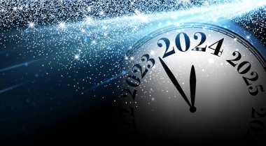 Yeni yıl 2024, siyah arka planda güneş ışınları olan mavi ışıklar üzerinde geri sayım saati. Vektör illüstrasyonu.