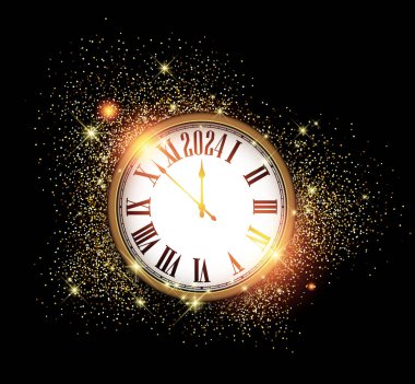 Yeni yıl 2024 geri sayım saati siyah arka planda altın kum üzerinde. Vektör illüstrasyonu.