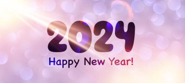 Yeni yıl 2024 yatay afişi, parlak mor desenli arka plan üzerinde sayılar, bulanık yuvarlak parıltılar ve güneş ışığı. Vektör illüstrasyonu.