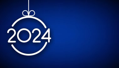 Yeni yıl 2024 arka planında beyaz kâğıt numaraları ve yuvarlak Noel topunda mavi arka planda gölgeler var. Vektör illüstrasyonu.