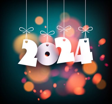 2024 yılının yeni yılı arka planında bulanık turuncu ışık parıltılarından yapılmış gölgeli beyaz kağıt numaralarıyla. Vektör illüstrasyonu.