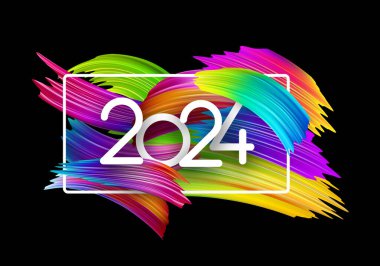 Yeni yıl 2024 beyaz kağıt numaraları ve takvim başlığı için çerçeve ve siyah arkaplanda rengarenk fırça darbeleri. Vektör illüstrasyonu.