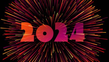 Yeni Yıl 2024 takvim için havai fişek parçacıklarından yapılmış renkli arkaplan numaraları. Vektör illüstrasyonu.