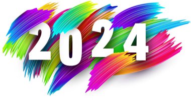 Yeni Yıl 2024 takvim başlığı için farklı renk fırça darbelerinden yapılmış renkli arkaplan numaraları. Vektör illüstrasyonu.