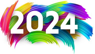 Yeni yıl 2024 takvim başlık numaraları farklı renk fırça darbelerinden yapılmış renkli arkaplan numaraları. Vektör illüstrasyonu.
